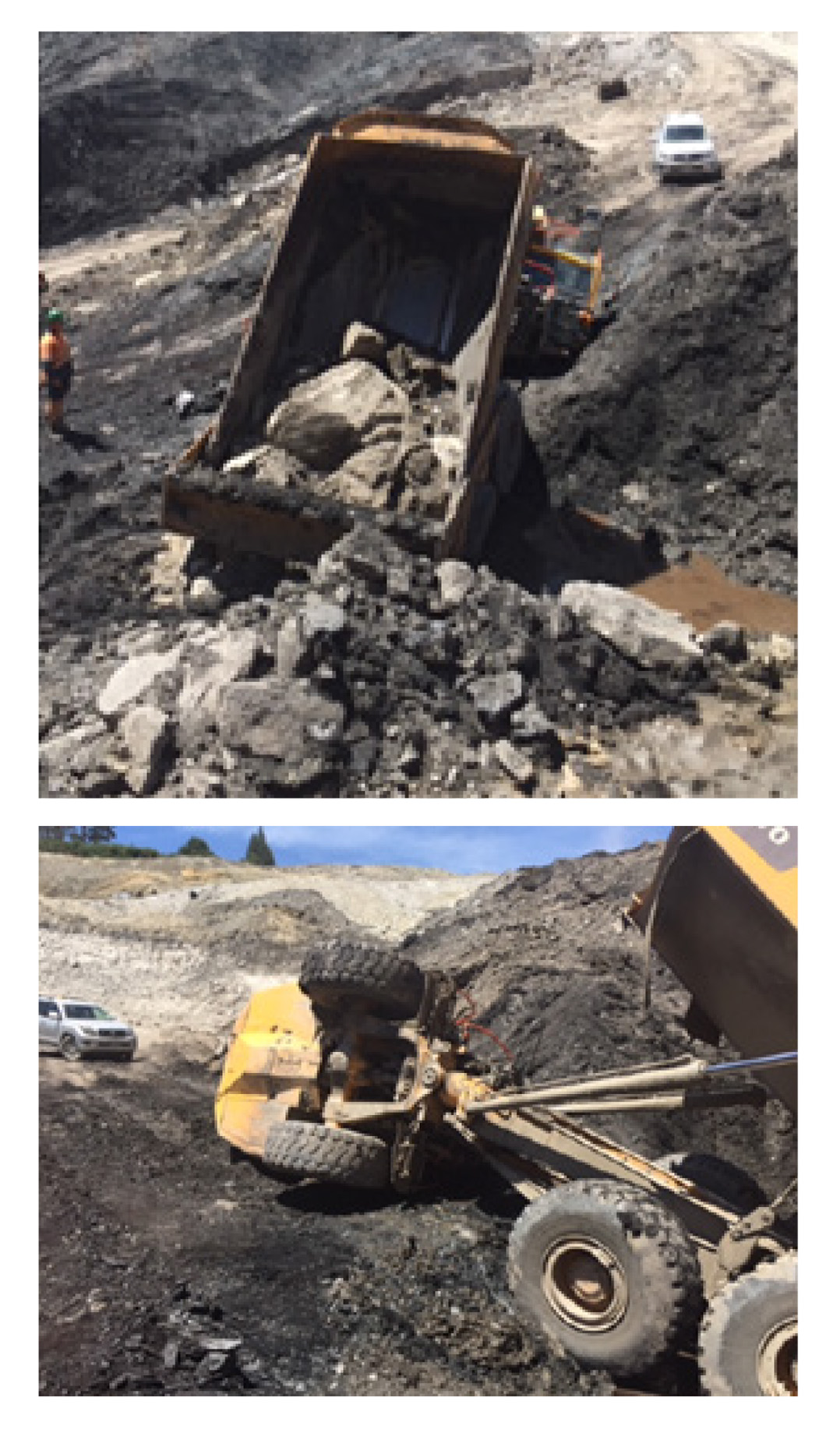 [image] two angles of a loading truck tipped over with rock and debris overflowing
