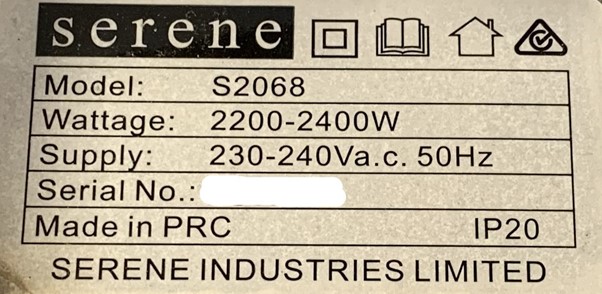 [image] Serene S2068 heater label