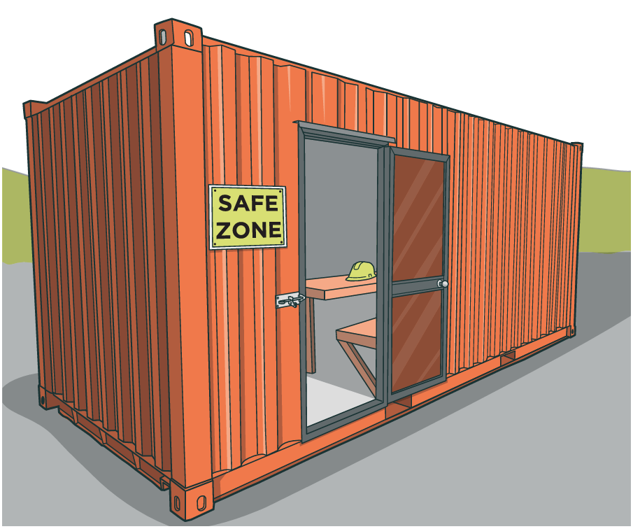 Container hut with bench and table inside and "Safe zone" sign by door