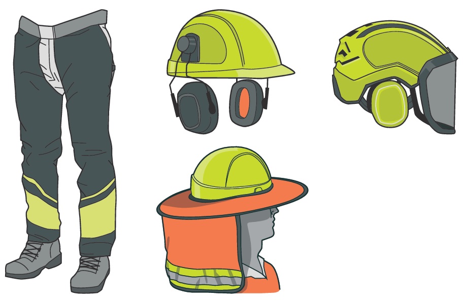 Lower half of worker wearing trousers, chaps and boots; three hard hats with attachments - one with earmuffs, one with earmuffs and face visor, one with sun brim and neck cover.