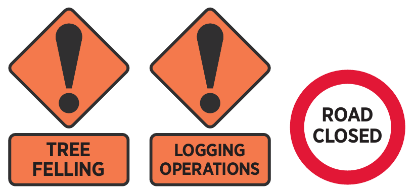 Two orange temporary warning signs, which both have diamonds with a black exclamation mark above and "Tree felling" or "Logging operations" underneath; and a regulatory "Road closed" sign in a red outer circle.