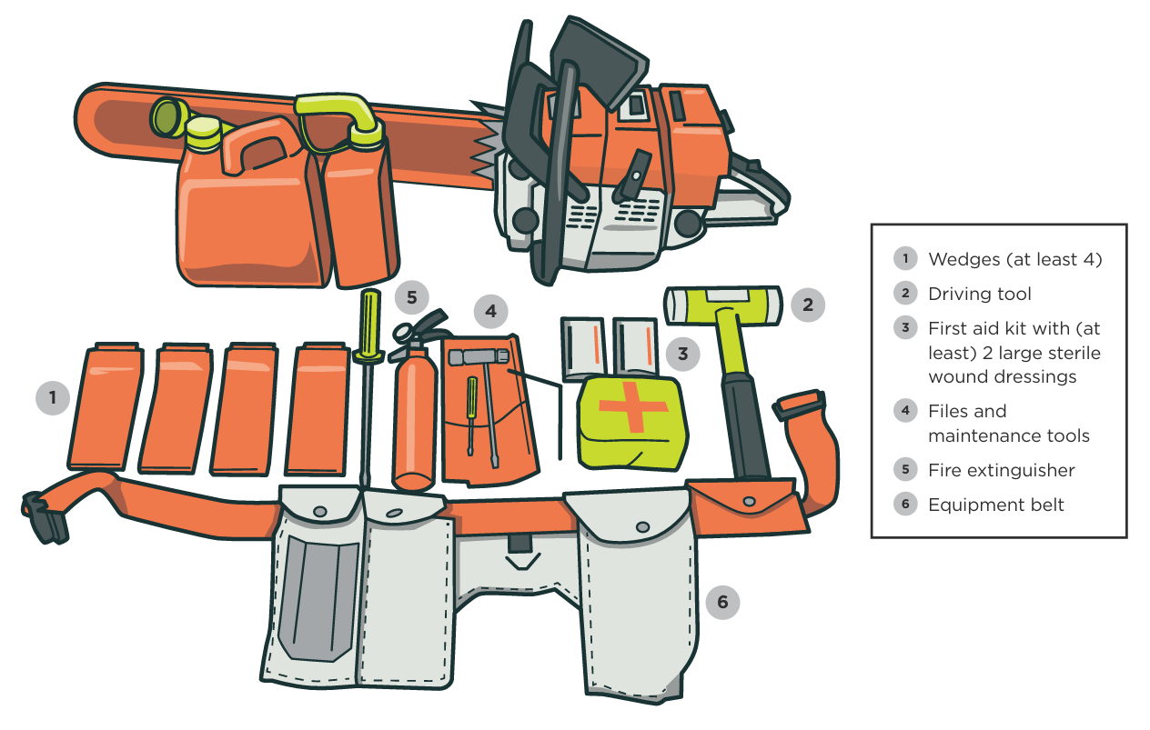 Faller equipment: Wedges (at least 4); driving tool; first aid kit with (at least) 2 large sterile wound dressings; files and maintenance tools; fire extinguisher; equipment belt.