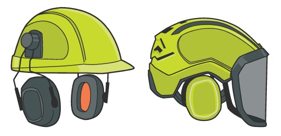 Two hard hats with built-in ear muffs