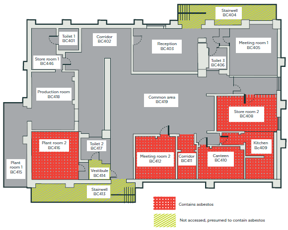 [image] Example of a building plan drawing showing areas containing asbestos