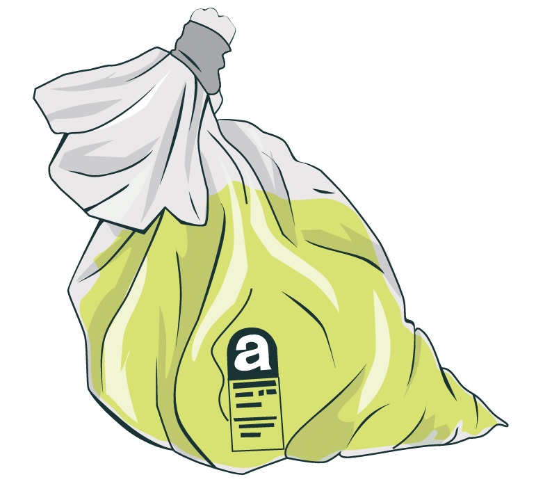 Illustration of double-bagged waste with twist-and-tape seal and caution label.