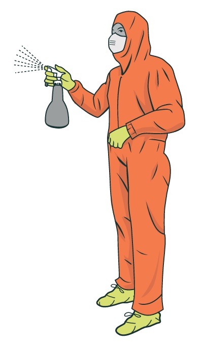 A person wearing PPE using a spray bottle.