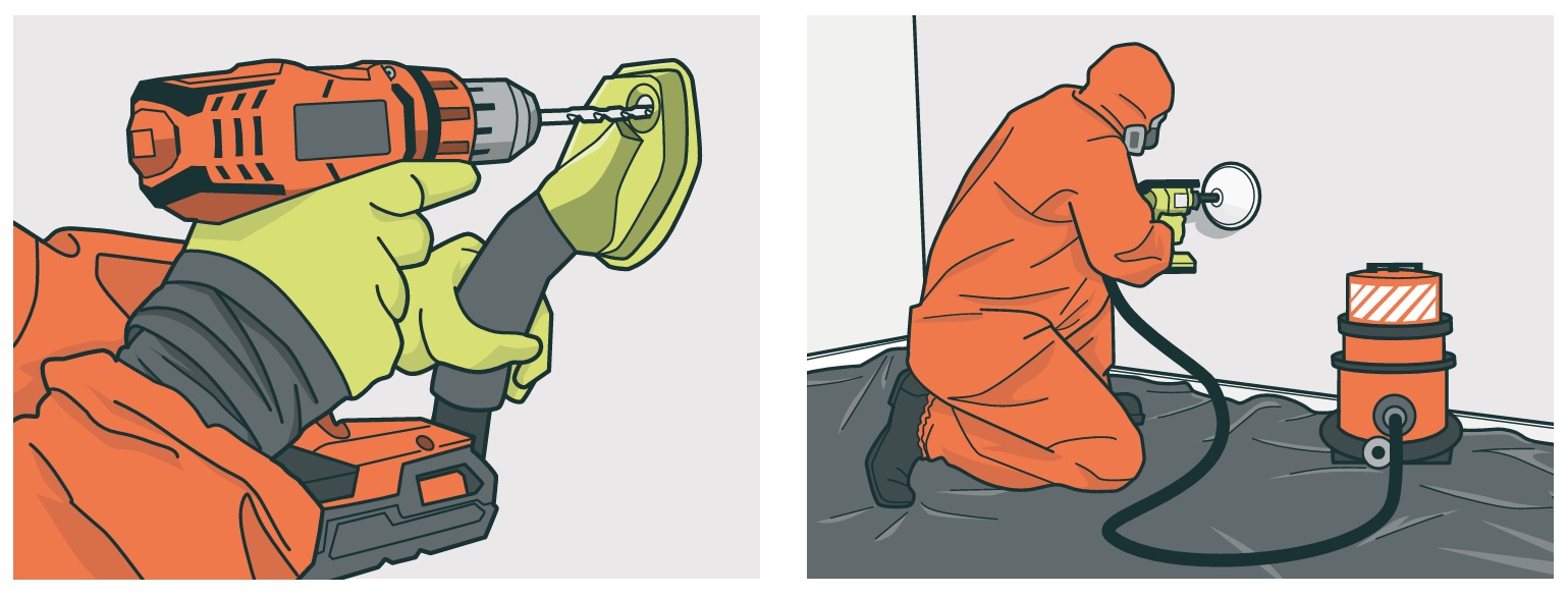 Illustrations of different dust shrouds in use during low-speed drilling.