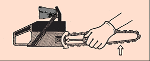 [Image] Chainsaw operator adjusting chain tension with arrows indicating screw position and direction to turn it so that straps and cutters just touch the bar rail. 