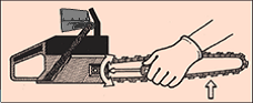 [Image] Chainsaw operator adjusting chain tension with arrows indicating screw position and direction to turn it so that straps and cutters solidly touch the bar rail.