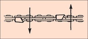 [Image] Close up of a chain with black arrows indicating the correct way to file from the inside of the cutter outwards. 