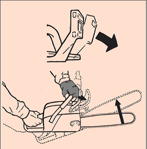 [Image] Chainsaw operator showing how the chain brake is activated when front handle guard is moved forward.