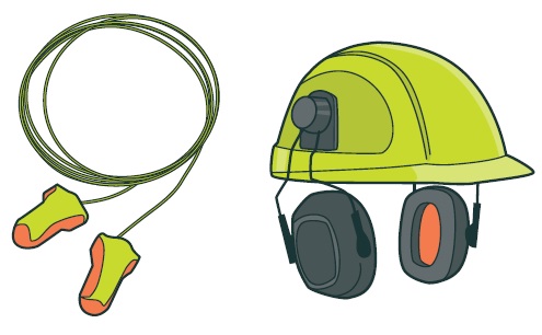 [image] illustration of ear plugs and a hard hat with attached ear muffs