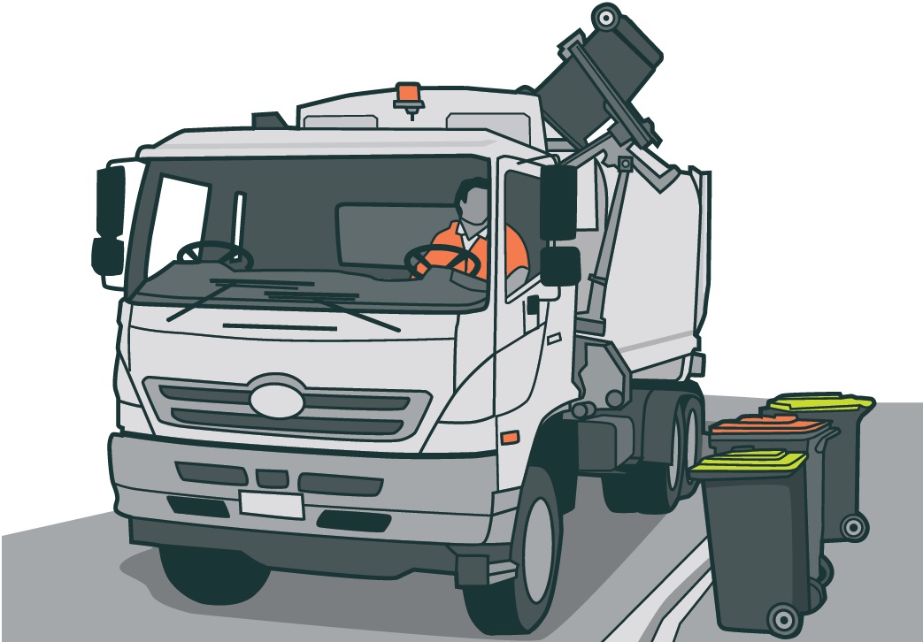 [image] illustration of worker inside cab of rubbish truck while truck picks up a bin