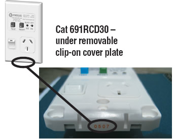 [image] Black circles showing Cat 691RCD30 batch number located under removable clip-on cover plate of a socket