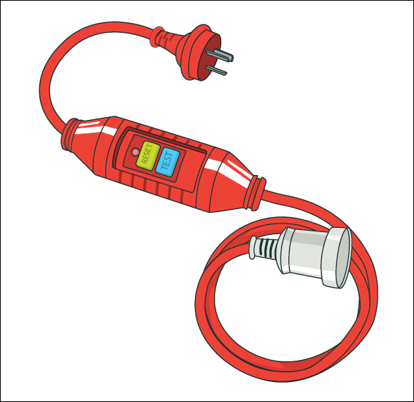 [Image] Red portable RCD showing power chords, plugs, yellow reset button and blue test button. 