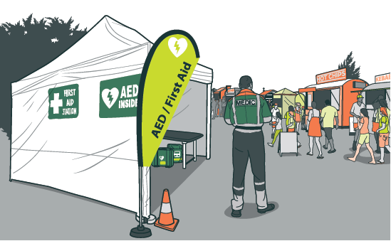 [image] Illustration of a first aid post and uniformed event health service worker