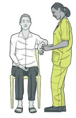 [image] illustration of person sitting on chair while a standing person in scrubs checks their arm
