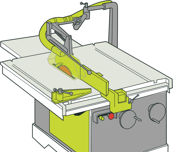 [image] Circular saw blade securely positioned underneath various guarding components