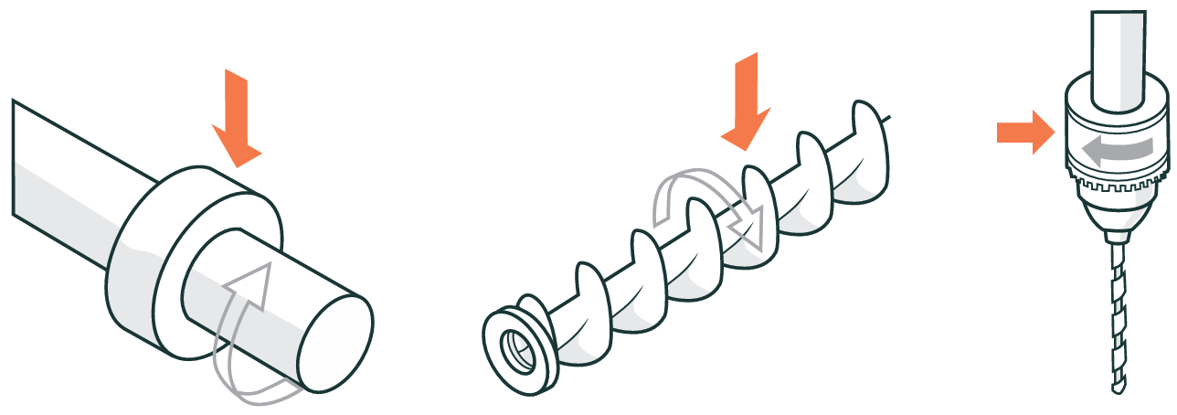Three diagrams showing entanglement hazards: a rotating shaft and coupling, a rotating screw conveyor, and a rotating drill bit and chuck.
