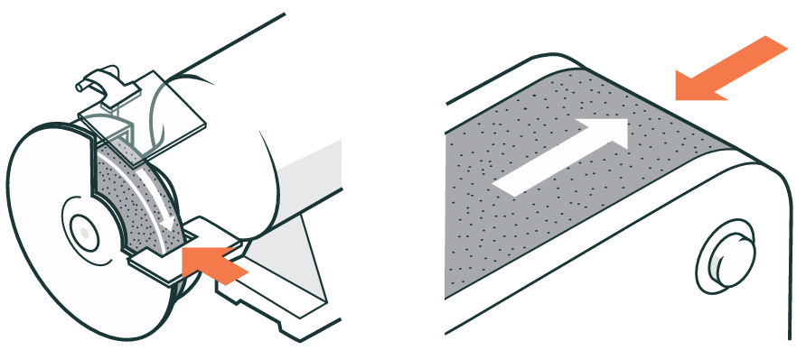 Two diagrams showing friction and abrasion hazards on a grinding wheel and a conveyor belt.