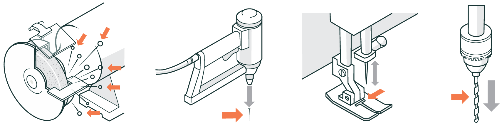 Four diagrams showing stabbing and puncture hazards: a bench grinder, nail gun, sewing machine needle and drill press.