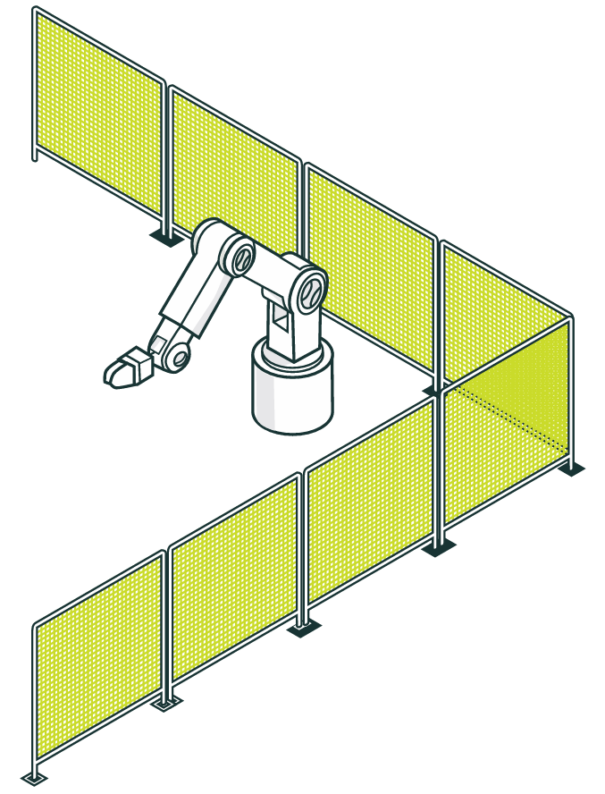Illustration of a perimeter fence guard with interlocking gate around a robot.