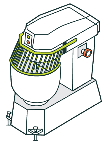 Illustration of a food mixer fitted with a mesh interlocking guard.