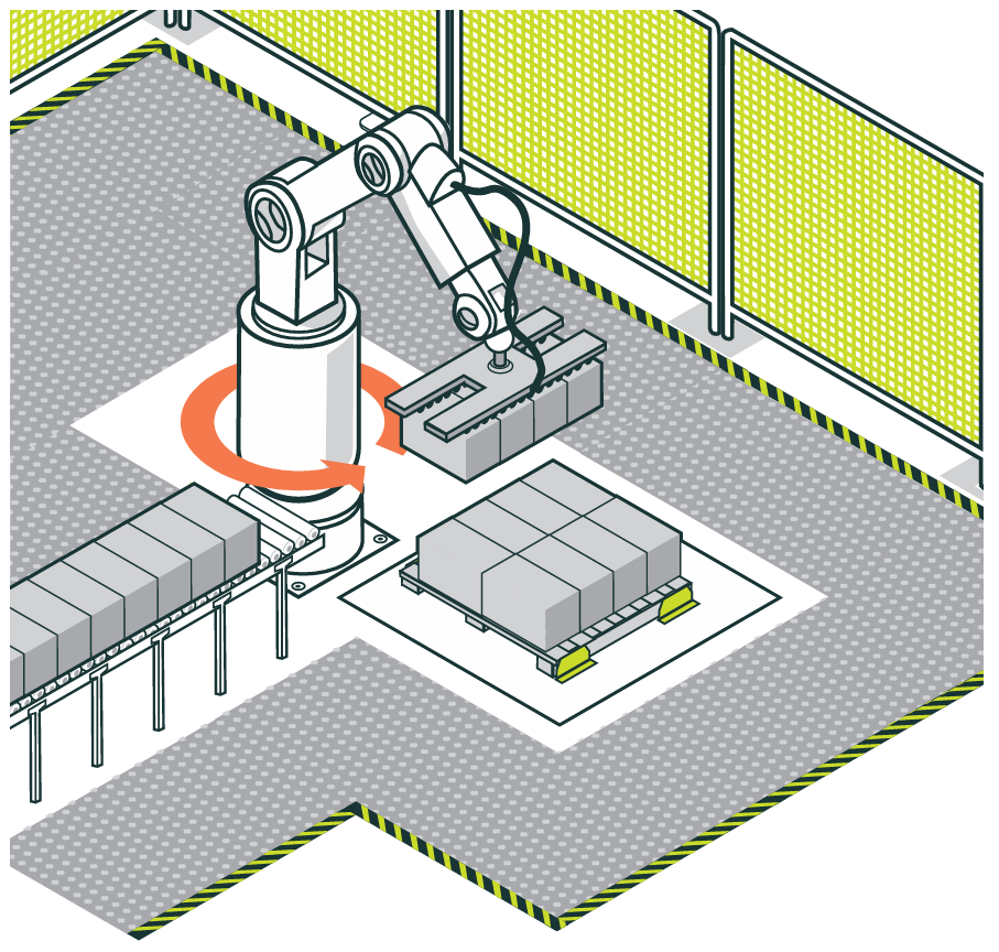 Illustration of a pressure-sensitive mat enclosing a robot work cell.