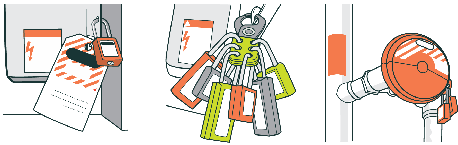 Three examples of lock and tag devices: tag and lock, multiple locks, and valve lock and tag.