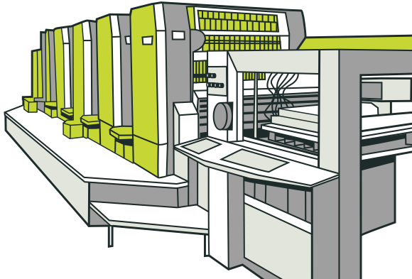 [image] Multiple colour printing press showing different colour stations