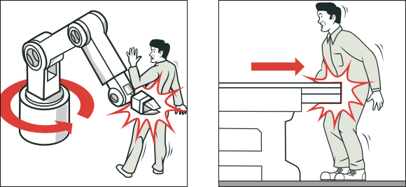 [Images] Two illustrations with red arrows pointing to examples of impact hazards. 