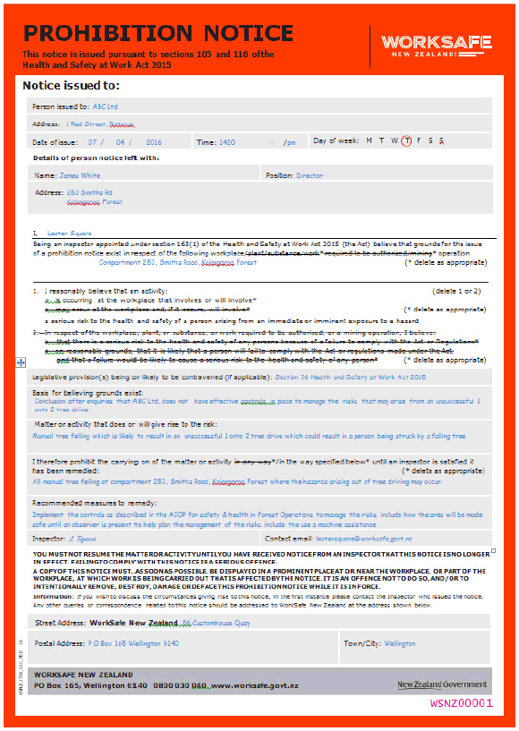 [Image] Worksafe prohibition notice showing example of wording. 