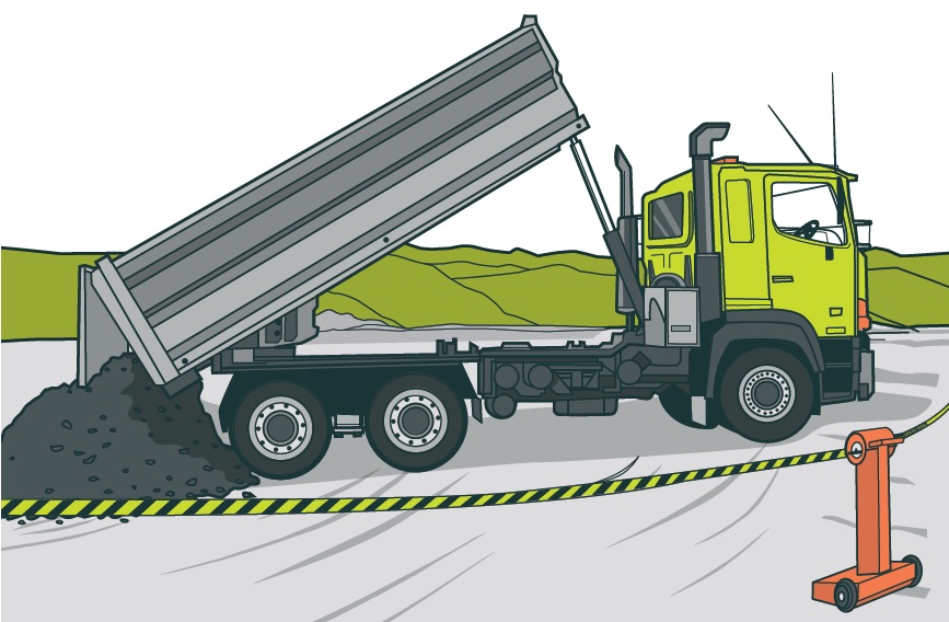 [image] illustration of a truck tipping a load with a rope barrier in the foreground