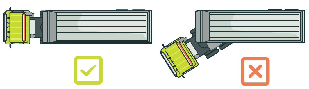 [image] illustration of two trucks from above. Truck on left with truck and trailer in line with a tick. Truck on right with the truck on an angle from the trailer with a cross