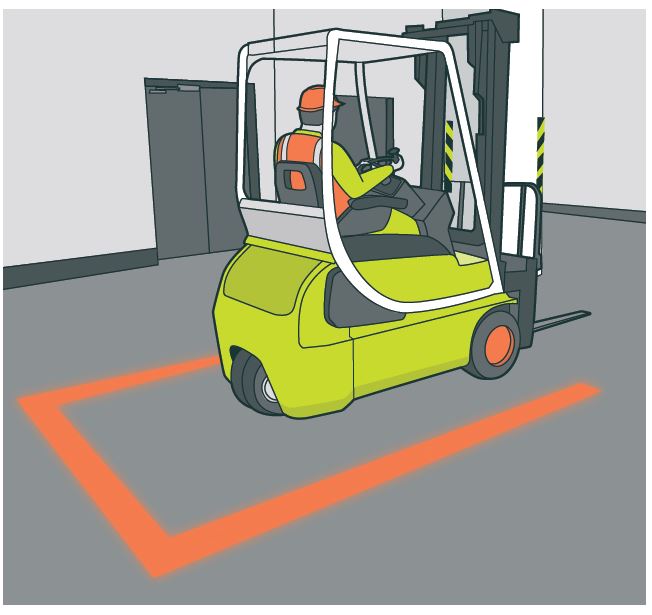 illustration of a forklift projecting an orange line around it for people to keep behind.
