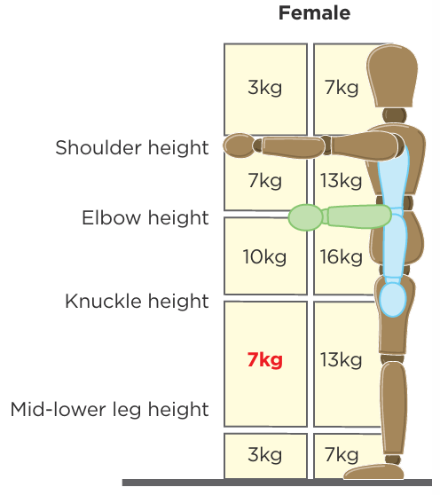 Female lifting and lowering screening values with 7kg, between knuckle and mid-lower leg levels, highlighted.