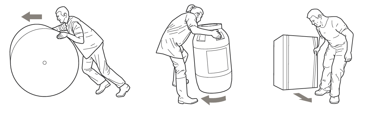 Illustrations: rolling - a worker leaning into a large drum to roll it forward; churning - a worker tipping and pivoting a barrel along its base edge; dragging/hauling or sliding: - a worker pulling a cabinet across the floor.