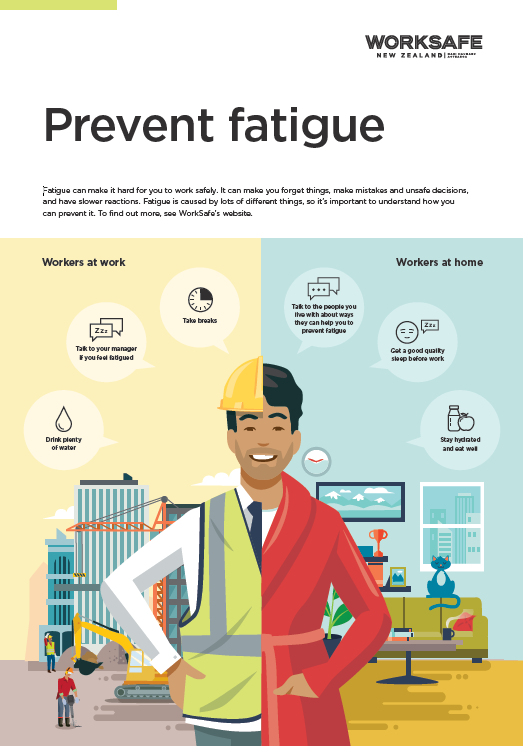 [image] thumbnail of fatigue poster with illustration of worker on a construction site and at home
