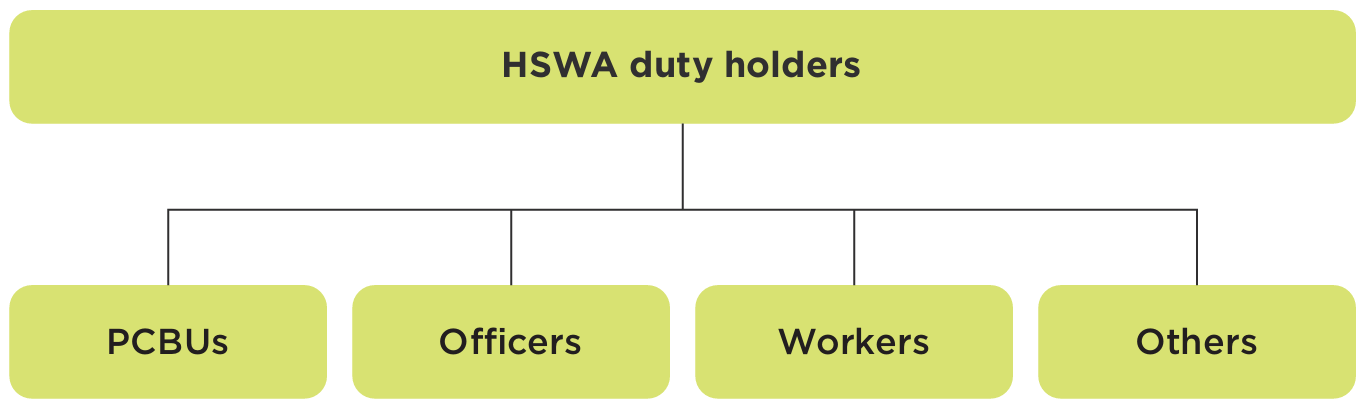 Flowchart with a box labelled 'HSWA duty holders' at the top, which branches down into four equal boxes labelled PCBUs, Officers, Workers, and Others.