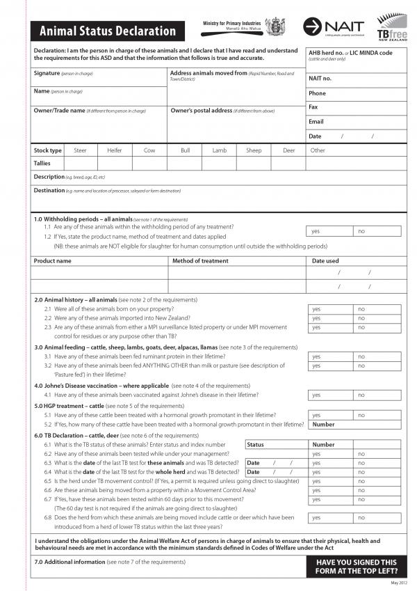 [image] Animal Status Declaration Form Page 1, May 2012