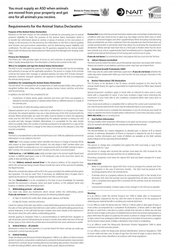[image] Animal Status Declaration Form Page 2, May 2012
