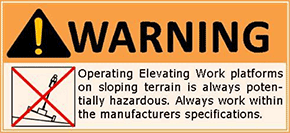 [Image] Sign warning against operating work platforms on sloping terrain. 