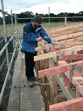 [image] A worker standing on scaffold hammering a nail into edge of roof frame