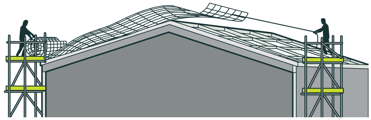 Illustration of two workers on scaffolding either side of a gable roof, rolling out safety mesh across the roof trusses. One worker is using a rope to pull the mesh.