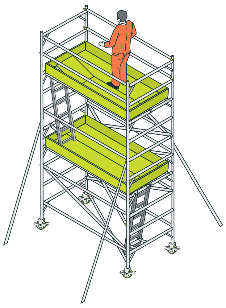 Illustration of a worker standing on the top platform of a wheeled, multi-level proprietary mobile scaffold tower with outrigger legs and an internal ladder