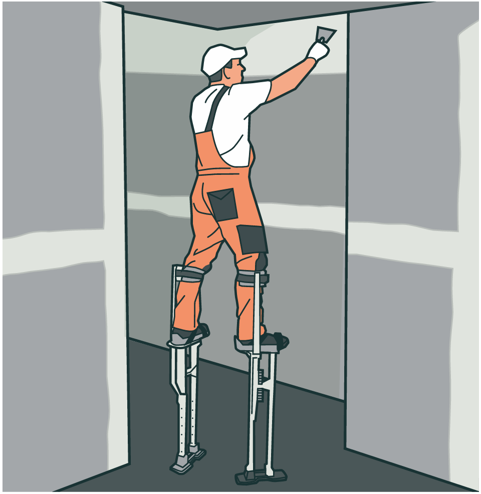 A plasterer using stilts to reach above a doorframe