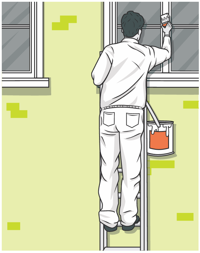 A worker maintaining three points of contact with the ladder while painting