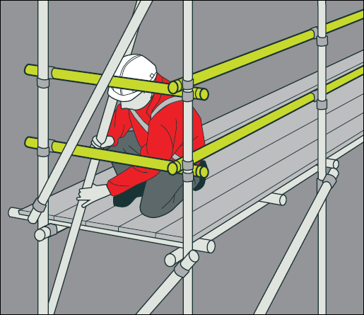 [Image] Worker wearing safety gear and kneeling while working on scaffold platform, with guardrail around him