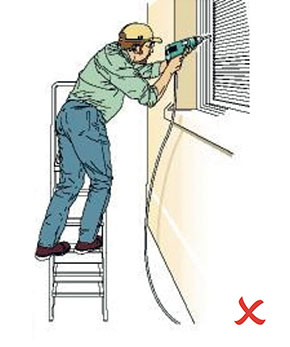 [image] A worker uses a ladder incorrectly, with steps side on to work activity